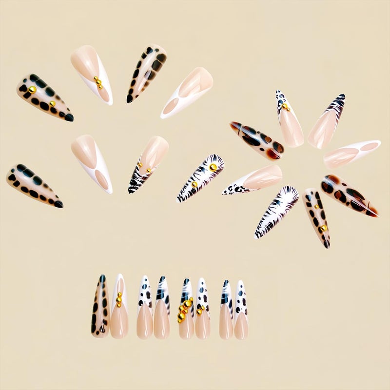 SINHOT Stiletto Press on Nails Long - Long Fake Nails, Glossy Finish, Zebra Stripes & Gold Chrome Pearls, DIY Artificial False Nail Art - 24 Pcs Nail Kit with Glue - Image 2